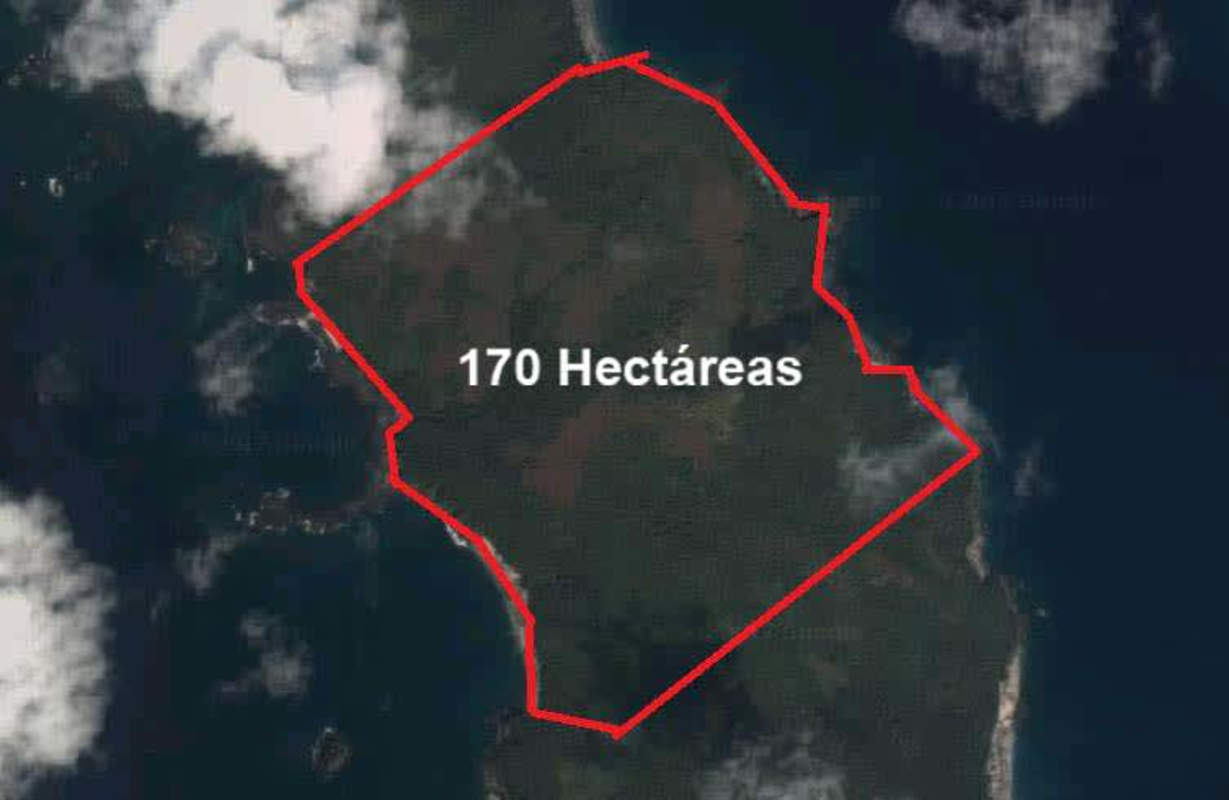 Outlined aerial satellite view of Isla del Rey showing 170 hectare coastal land parcel for sale