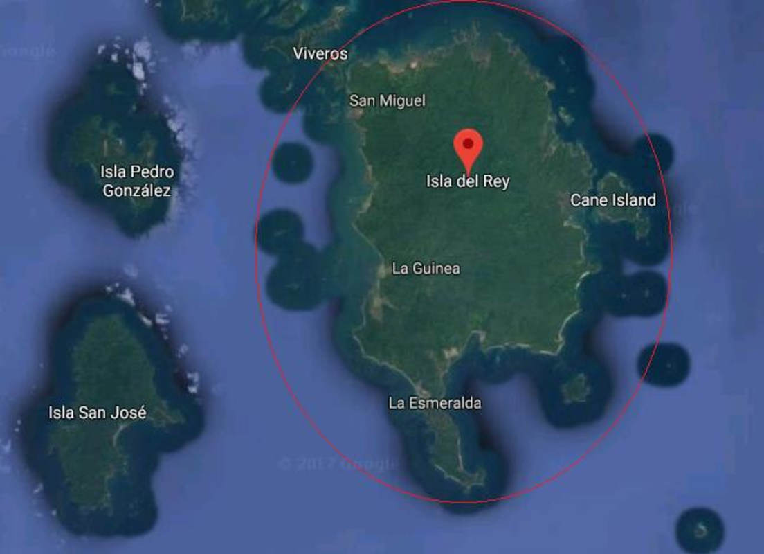 Aerial satellite map view of Isla del Rey in Panama's Pearl Islands archipelago with marked island real estate location