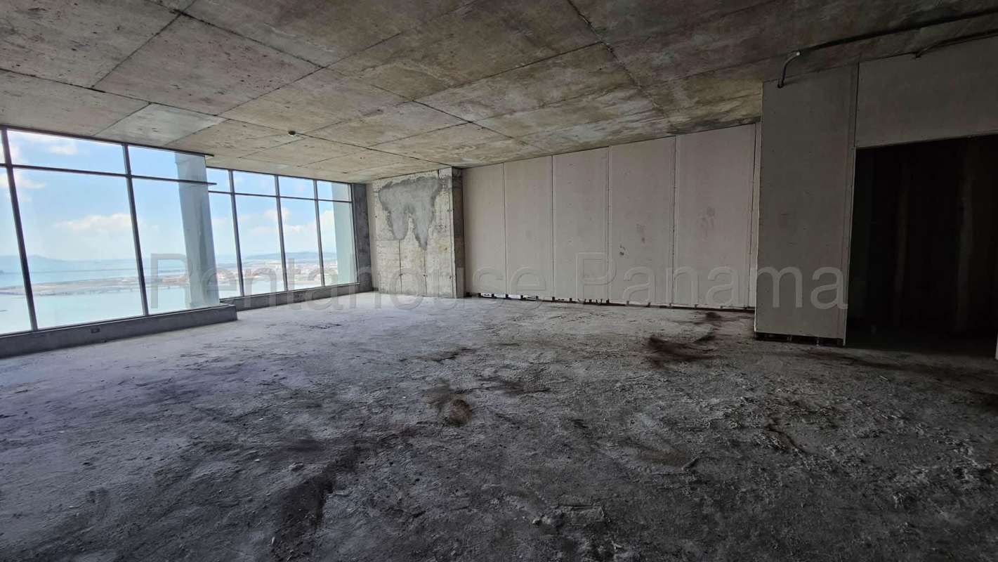 Bare office space with concrete floors and sea views in BICSA Financial Center Panama