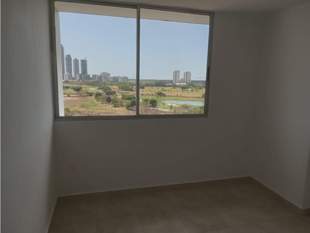 Bedroom with panoramic window stone tile floor PH Mystic Blue Panama