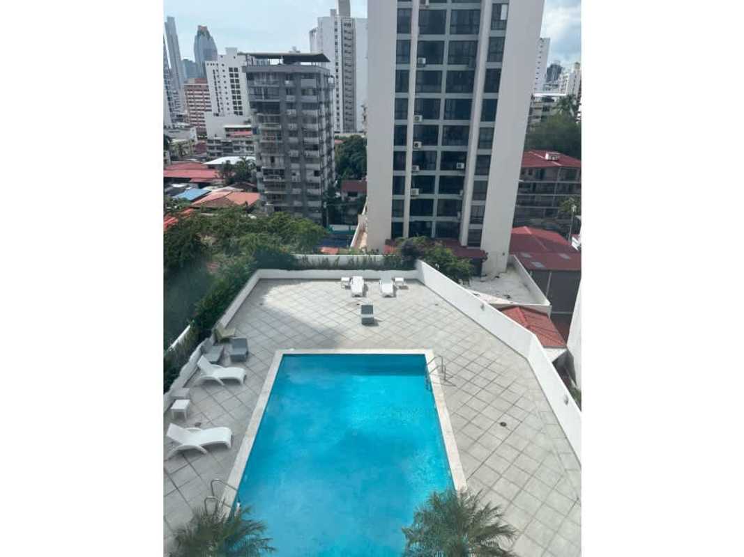Outdoor pool on social terrace with panoramic views of Panama City at PH Altavista Tower