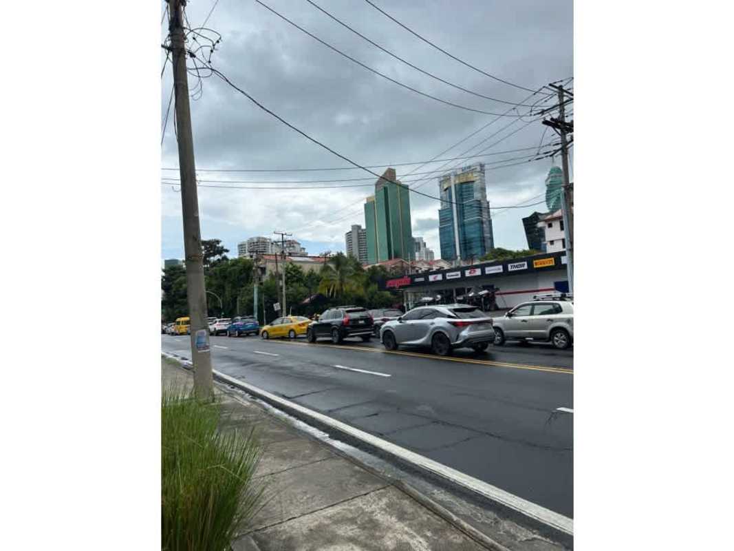 Prime Panama City commercial corridor featuring glass office towers and retail shops Vía Brasil Obarrio