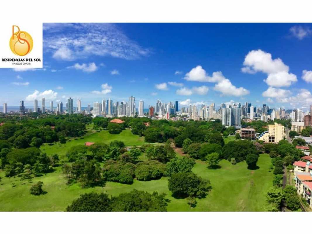 Aerial skyline and park view showing Residencias del Sol and Panama City