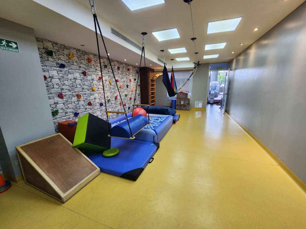 Colorful indoor children's therapy playroom with swings and climbing wall in PH BICSA Panama City