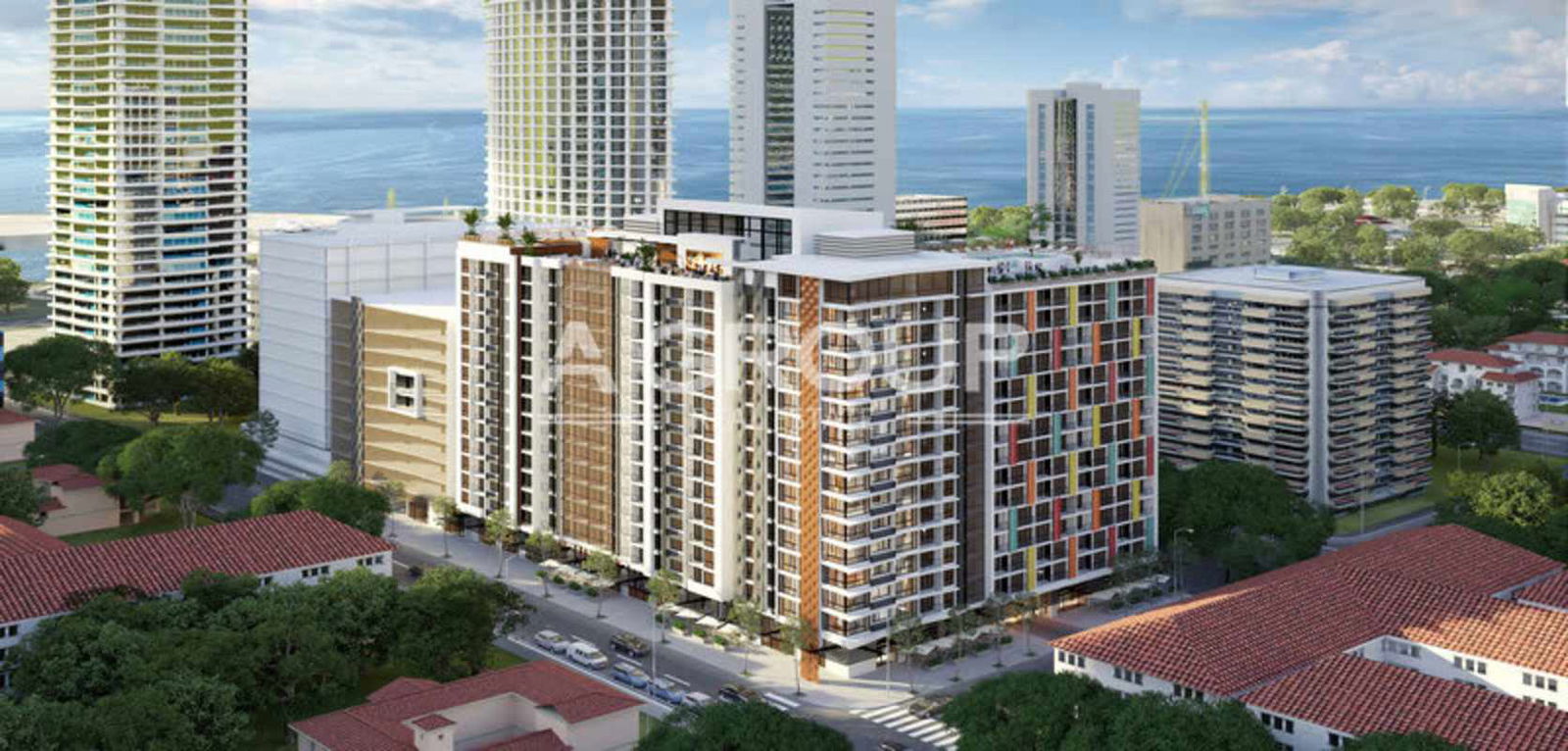 Outdoor lounge terrace with ocean and skyline views at PH Armonia Bella Vista