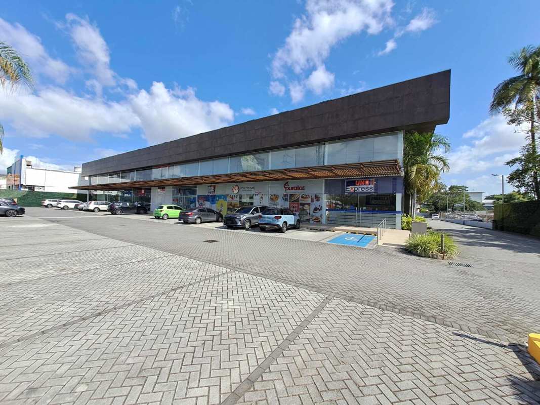 Contemporary retail shopping plaza storefronts glass windows parking palm trees Plaza Llano Bonito Panama