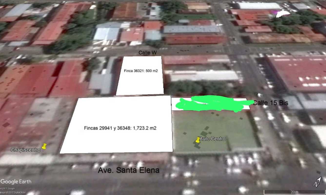 Aerial satellite image showing outlined commercial lots and neighborhood streets in Casco Viejo