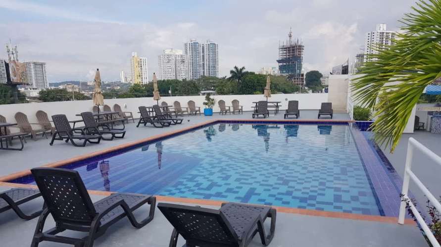 Infinity pool overlooking Pacific Ocean and city skyline at PH Casa Bonita Playa Bonita Panama