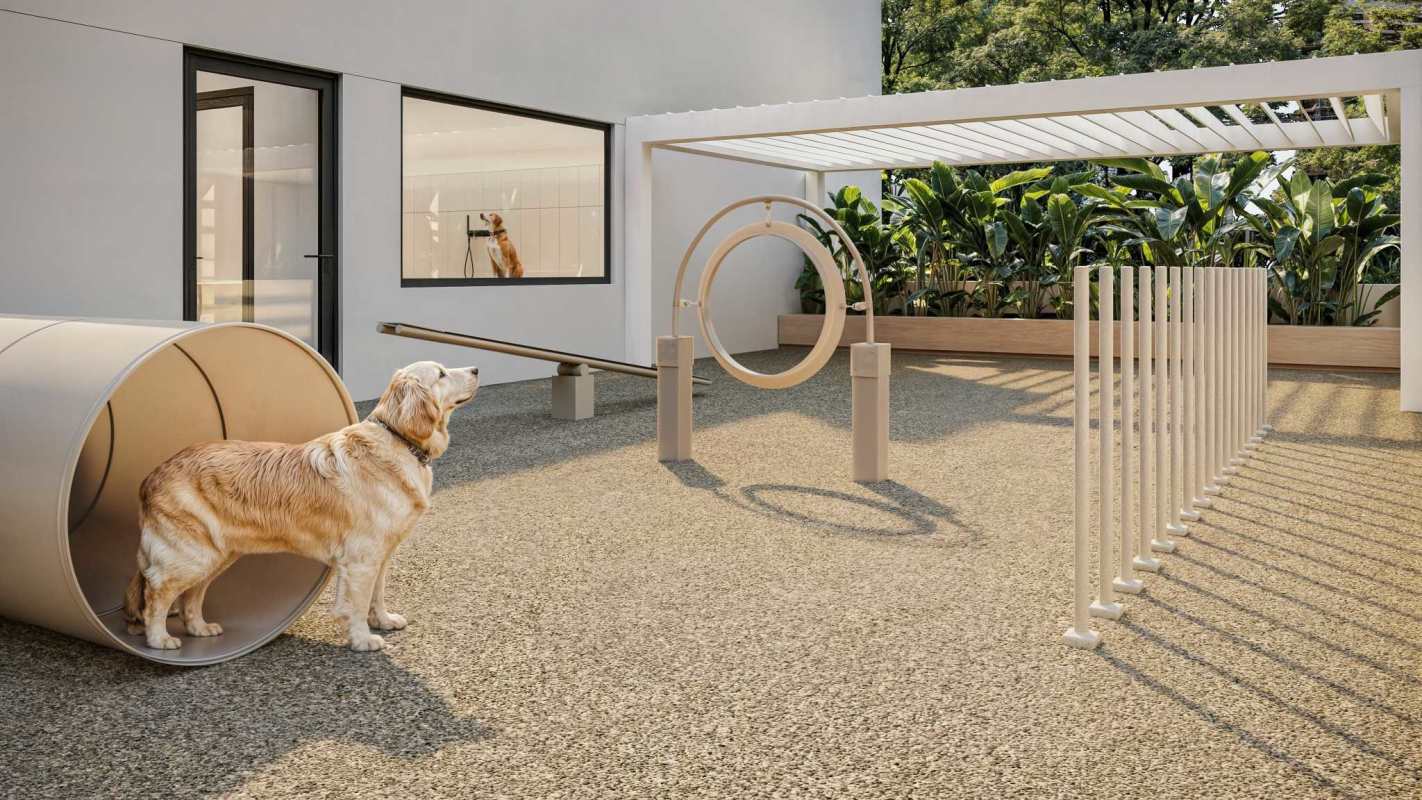 Outdoor dog agility training park with shaded pergola next to modern condo building in Panama