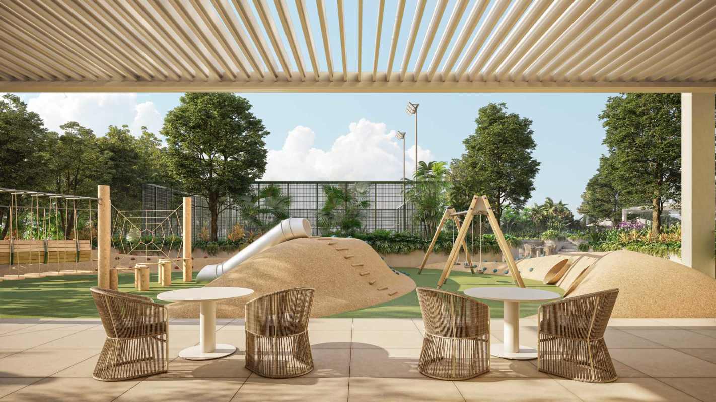 Modern child play area with shaded patio and garden in luxury condo Blau Residence Panama