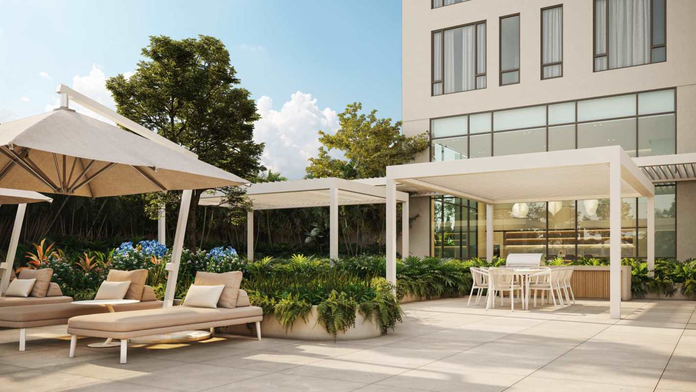 Terrace lounge outdoor dining area umbrellas pergola at luxury Blau Residence Panama