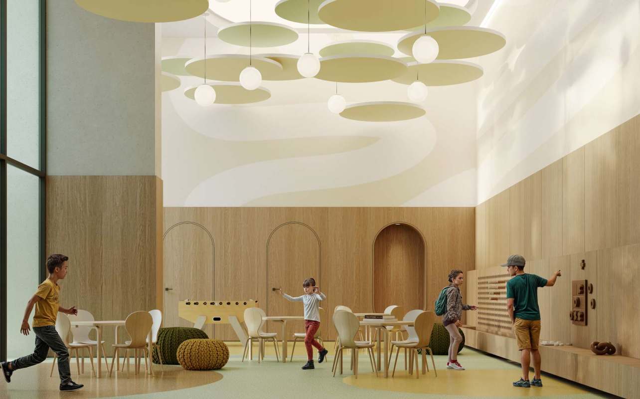 Modern pet washing station with built-in dog bath natural light in Blau Residence Panama