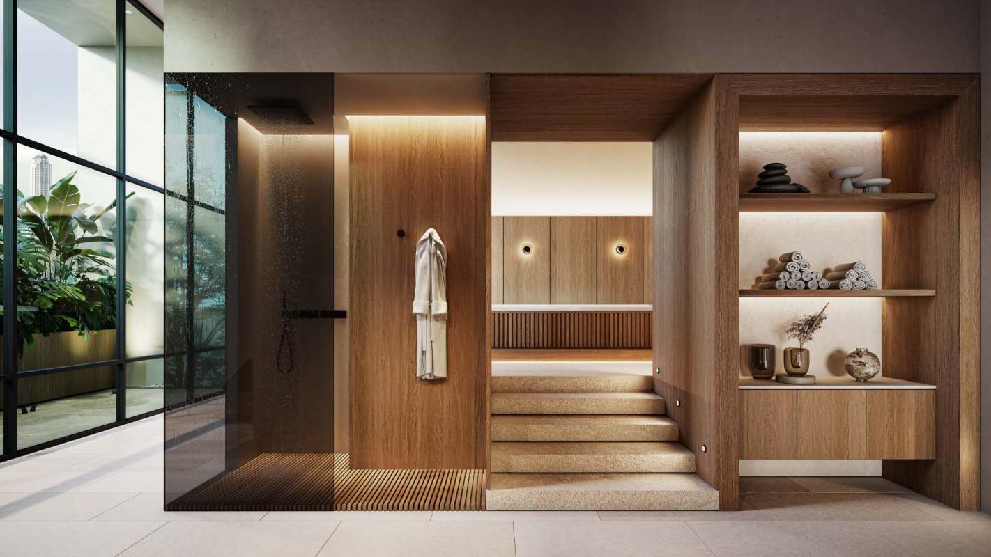 Modern spa with large window rain shower and wooden paneling in Blau Residence Santa María