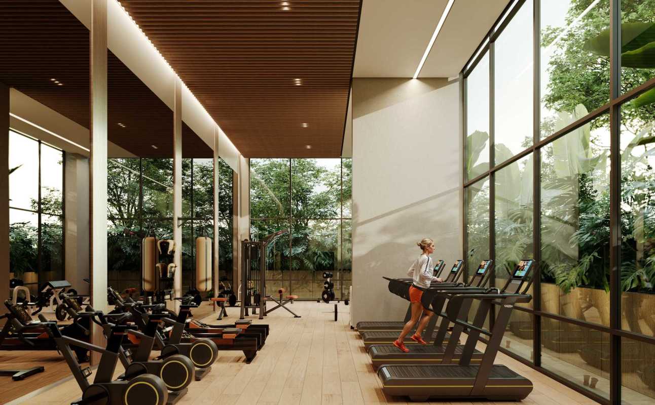 Yoga and meditation studio with natural light and wood floors at Blau Residence Santa María