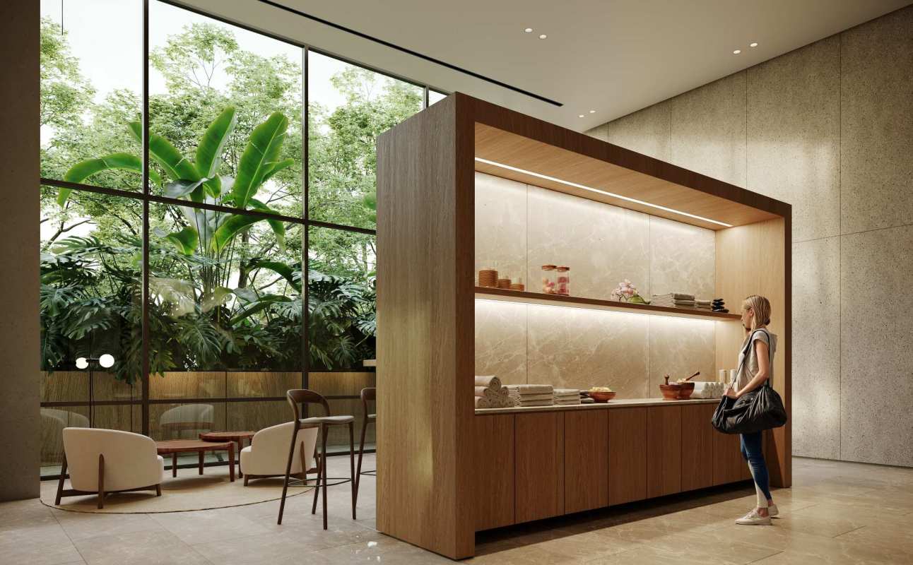 Modern minimalist condo lobby with garden views and wooden shelving Blau Residence Panama