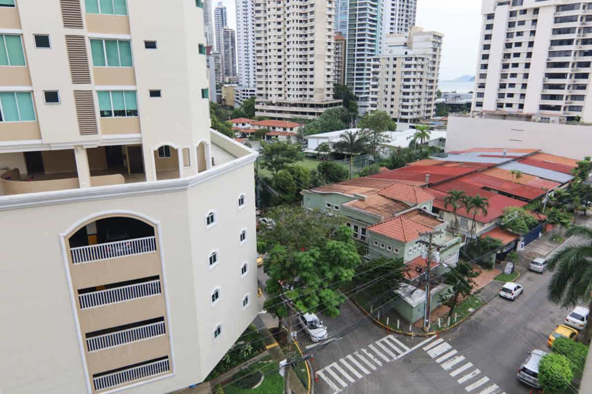 Skyline and street view of high-rise buildings including PH Marina Plaza in Marbella, Panama City