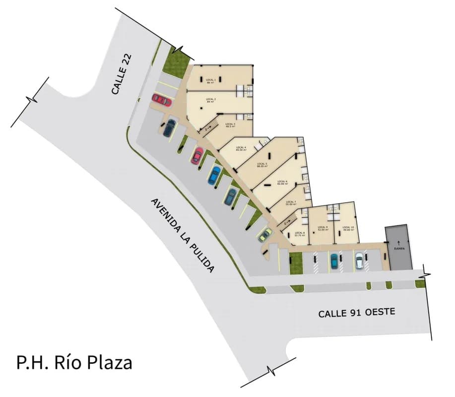 Overhead architectural plan of PH Rio Plaza showing commercial spaces and parking layout in Panama City