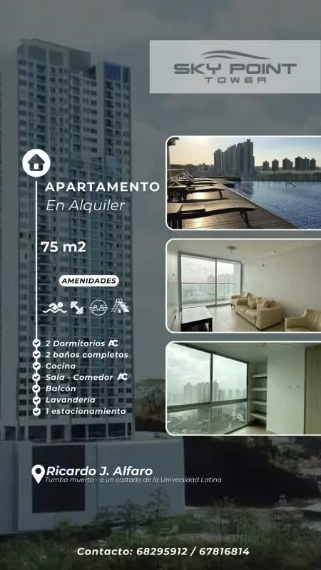 Contemporary apartment with pool view, city skyline, balcony PH Sky Point for rent Panama