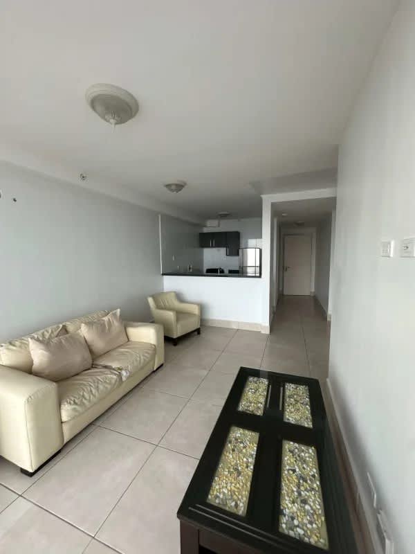 Modern living room with open kitchen tile floors beige furniture PH Sky Point Panama