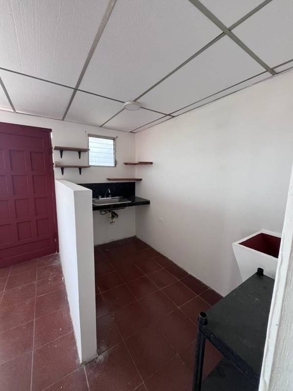 Laundry area with sink counter, wall-mounted shelves, burgundy door in rental house Hato Pintado Panama