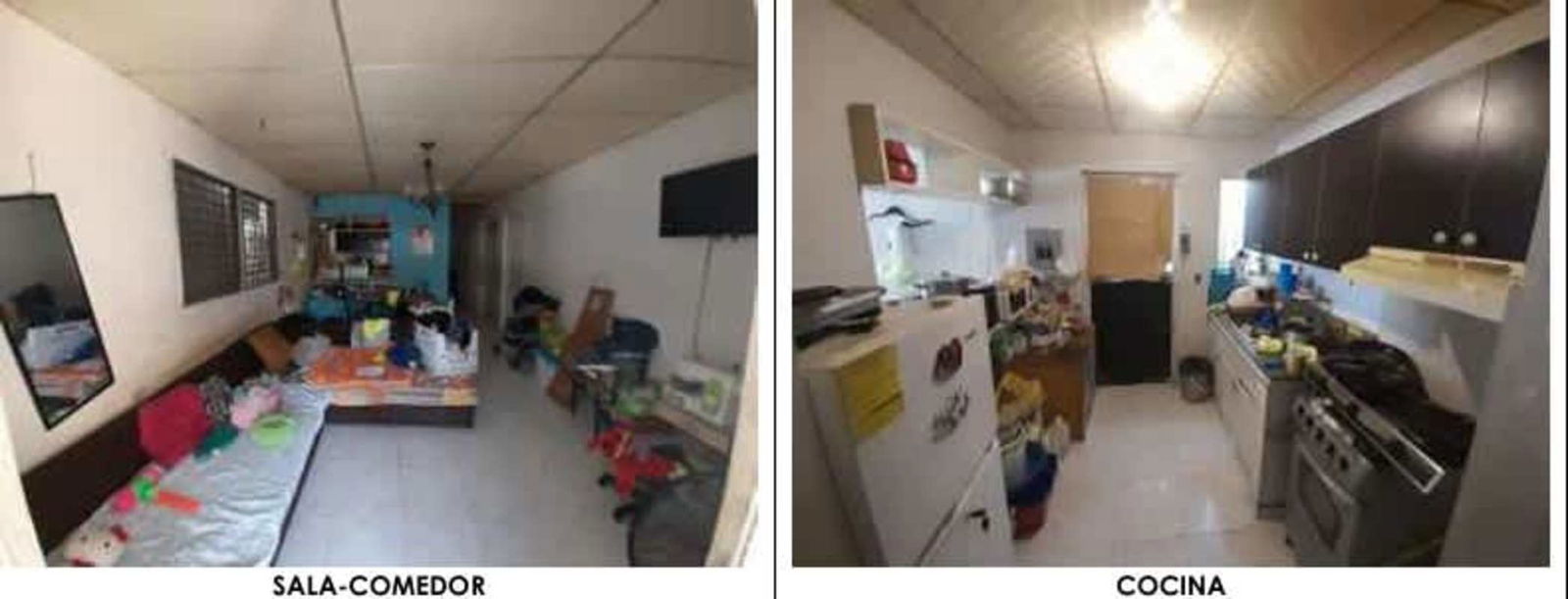 Combined living room with sofa and kitchen with tiled counters in Villa Veronica El Crisol Panama City