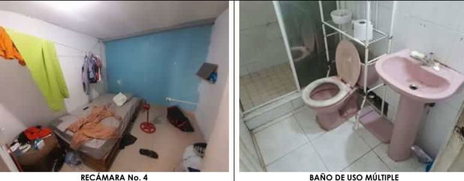 Bedroom with blue accent wall and adjacent pink-tiled bathroom Villa Veronica Panama