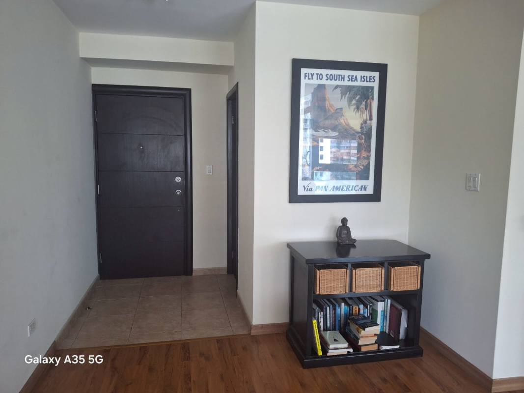 Modern apartment entryway with shelving and decorative accents PH Bayfront Tower Avenida Balboa Panama