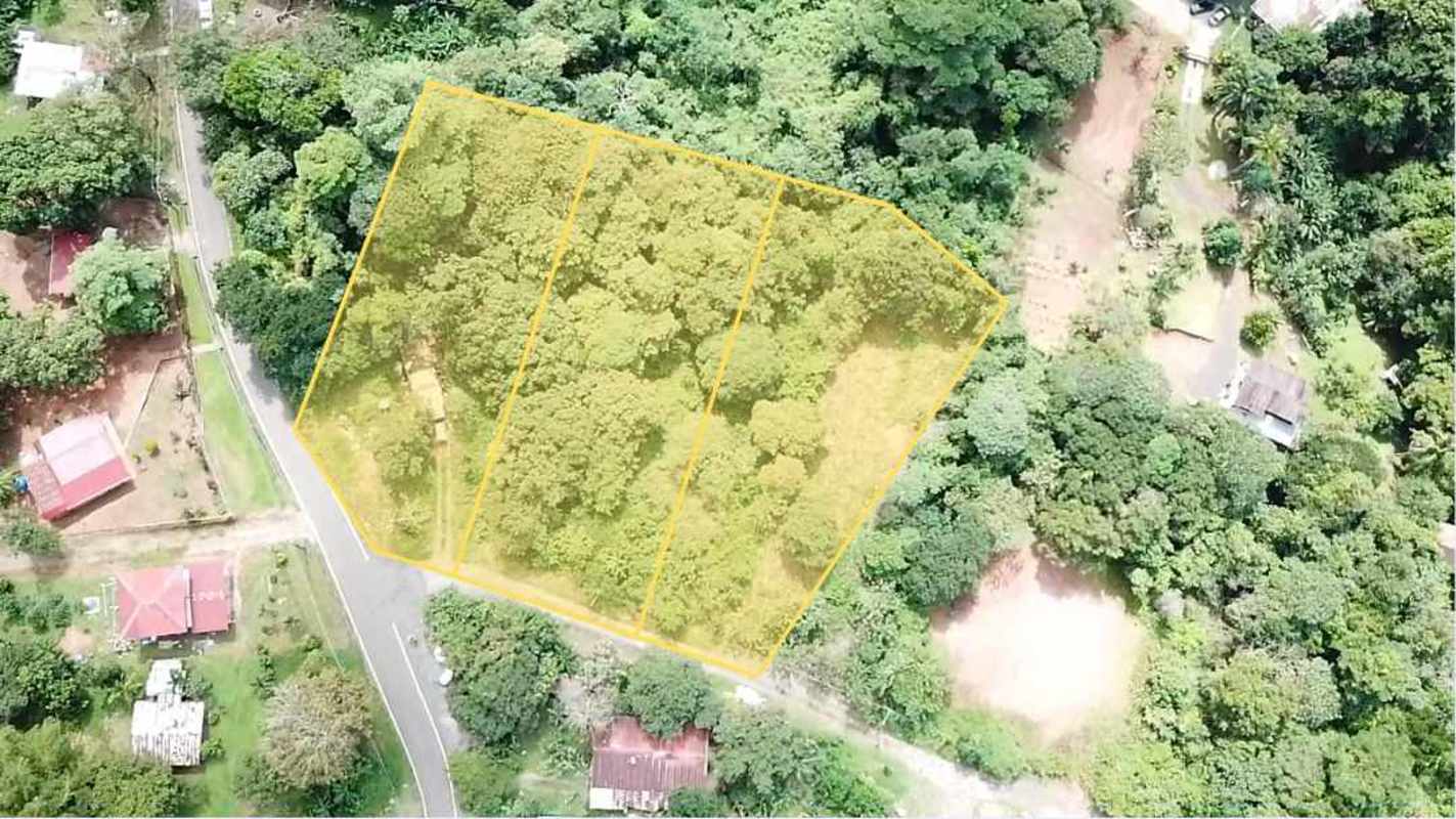 Wide aerial image showing suburban development and dense greenery around available development plots in Panama City