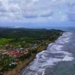 Panoramic aerial view of Costa Arriba Caribbean coastline near Cuango with forest and shoreline