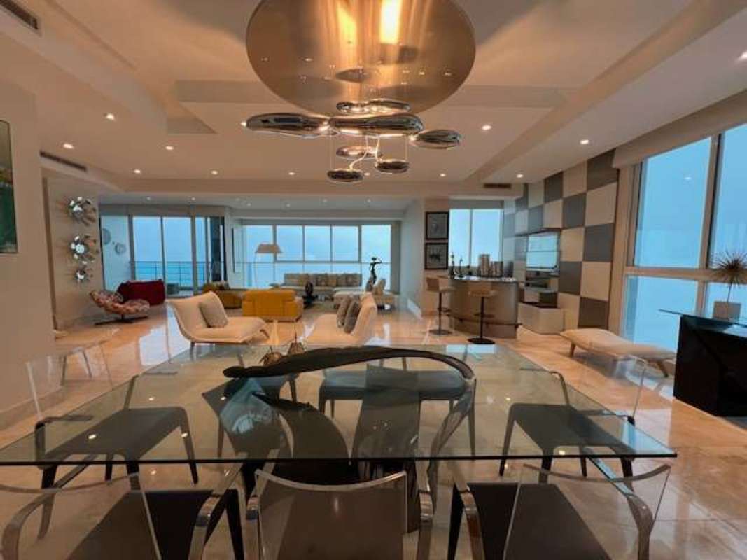 Modern marble living room with panoramic ocean and city views duplex apartment for sale in PH Vitri Panama City