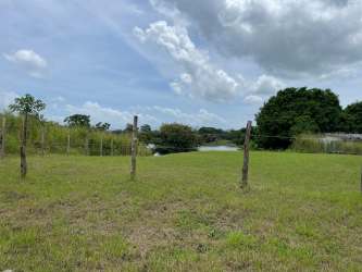 Vacant green lot facing lake in quiet San Carlos neighborhood Panama Oeste perfect for residential