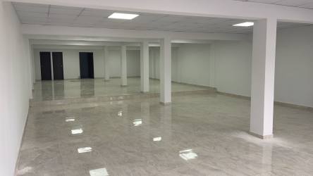 Spacious tiled open-plan retail or office space interior with columns