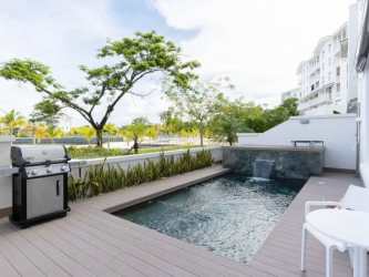 Marina front condo terrace with private pool in Buenaventura Marina Village Panama