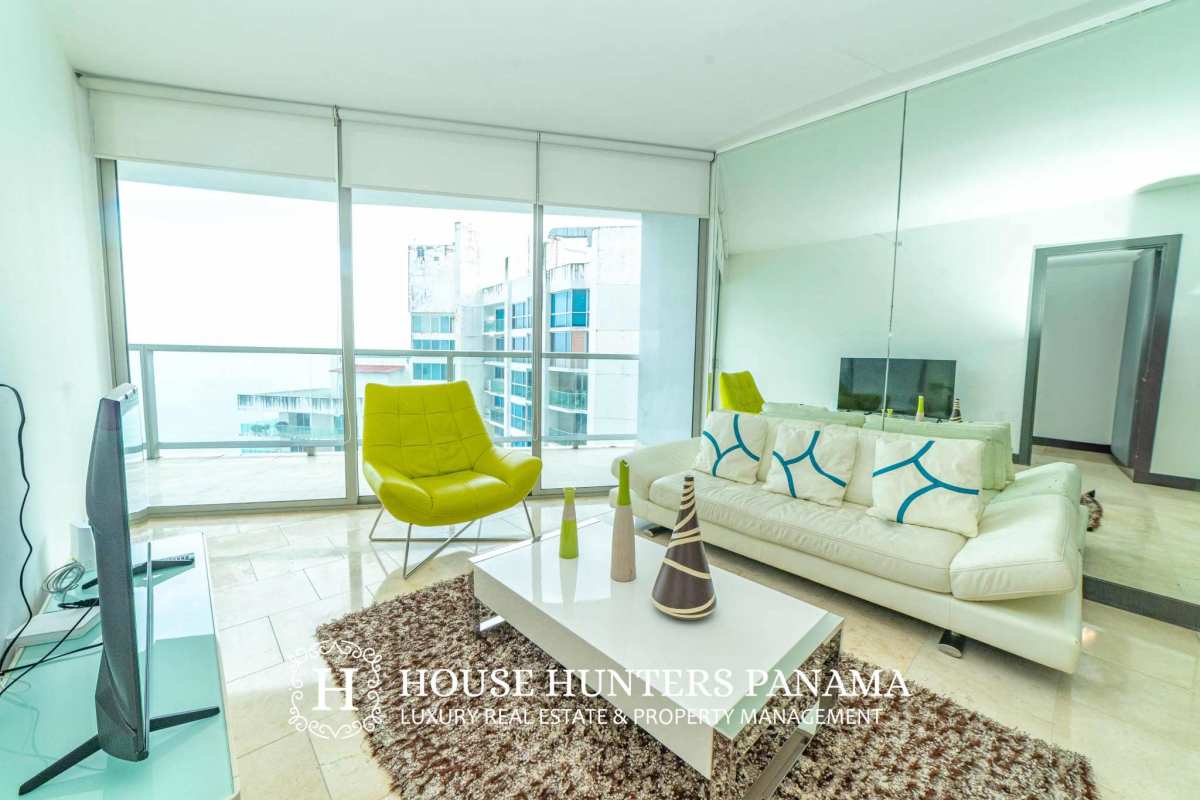 Glass-railed balcony offering sweeping ocean views Punta Pacifica luxury apartment