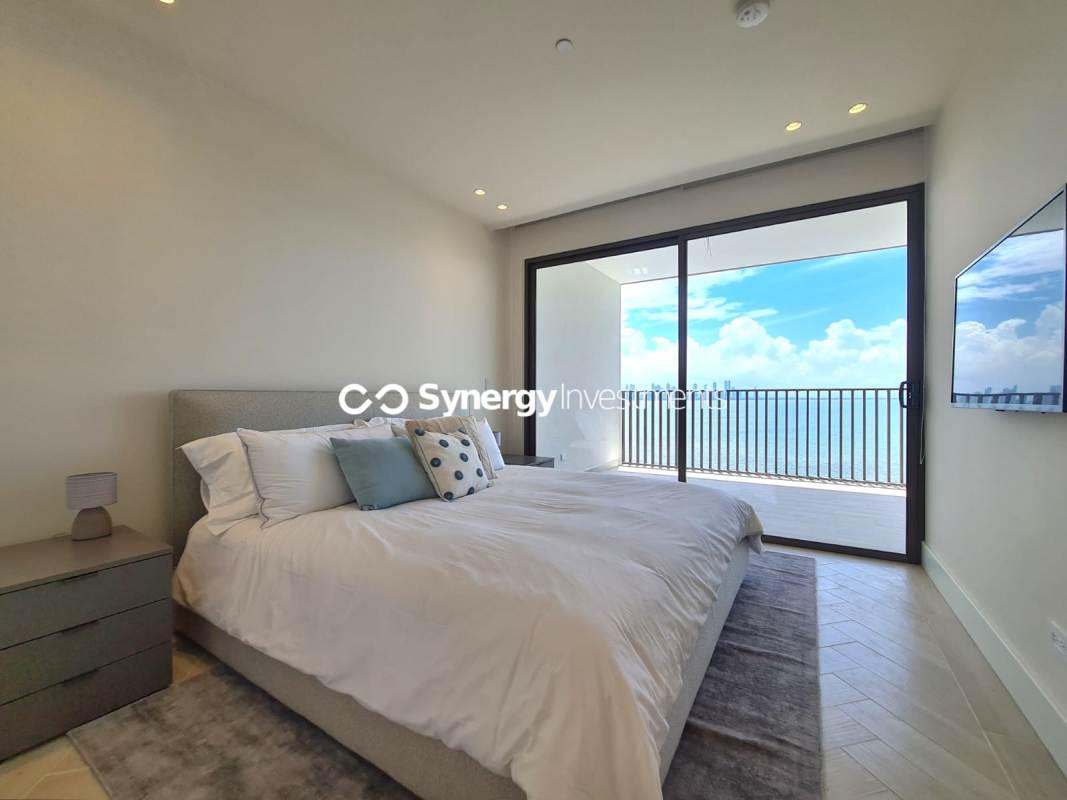 Expansive terrace overlooking Pacific Ocean city skyline luxury penthouse Ocean Reef Islands Panama