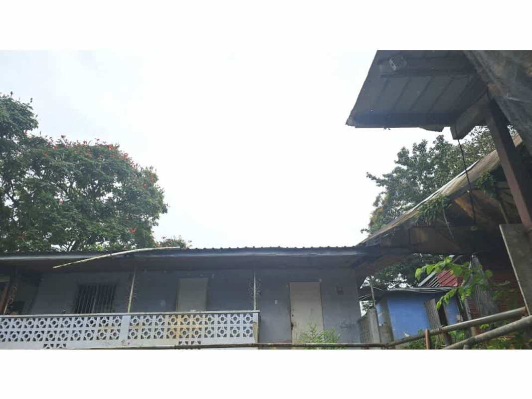 Covered shed structure in industrial fenced lot with trees and metal roofing in Pedregal Panama