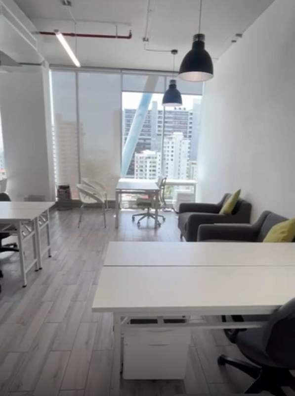 Large window city skyline view inside modern office PH Office 77 San Francisco Panama