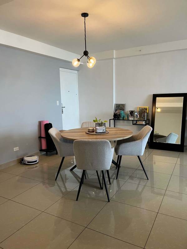 Renovated kitchen with grey cabinets, built-in appliances in PH San Francisco Bay apartment Panama City