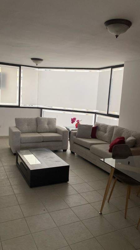 Minimalist bedroom with large window, ceiling fan, dark wood bed PH Plaza Paitilla Panama