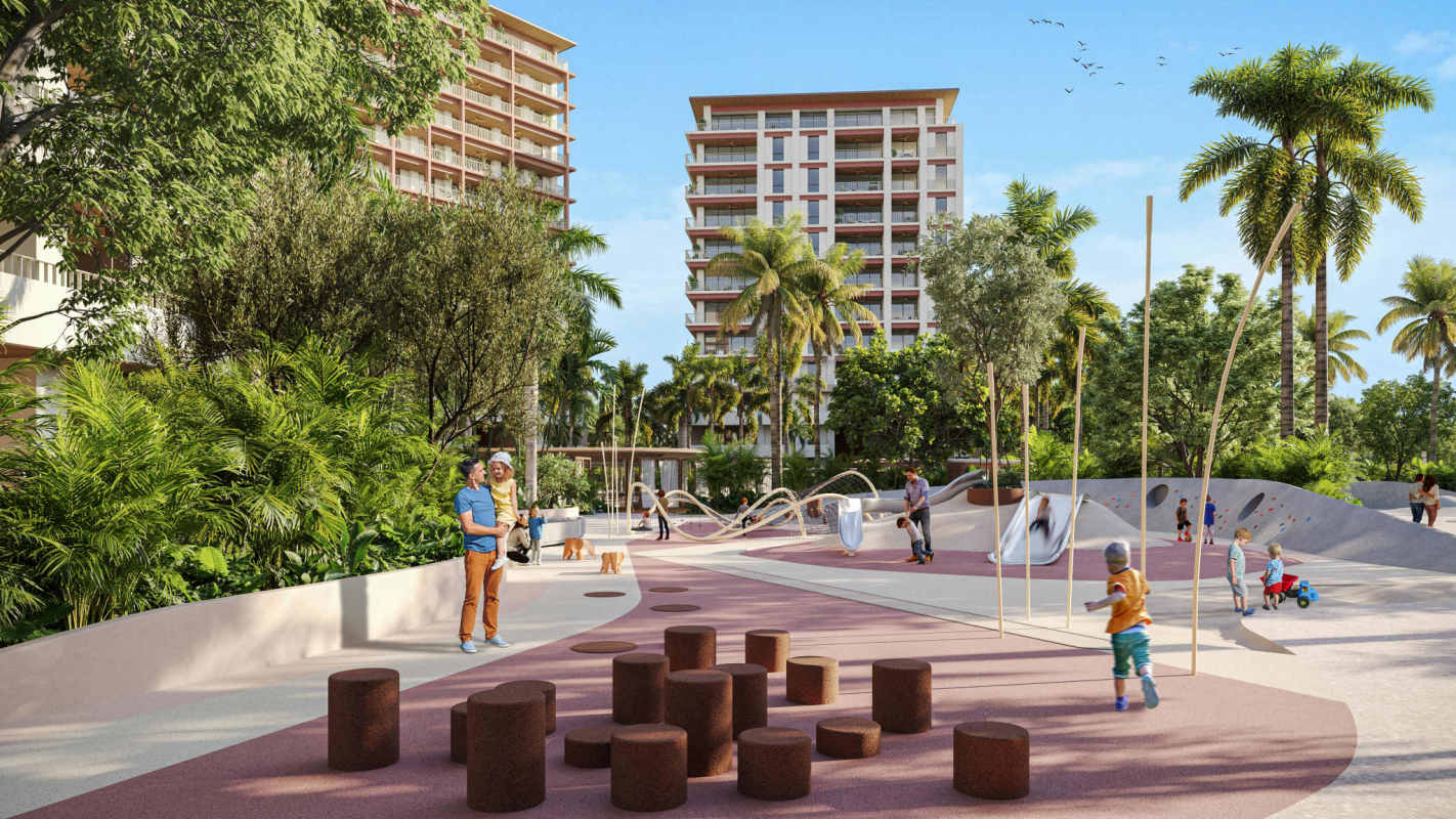 Resort-style pools and beachfront area at Alamar Buenaventura Panama with palm trees and ocean