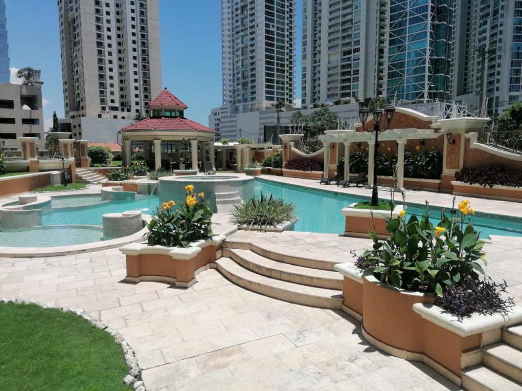 Beautiful multi-level pool with gardens and lounge areas at PH Mystic Point Panama