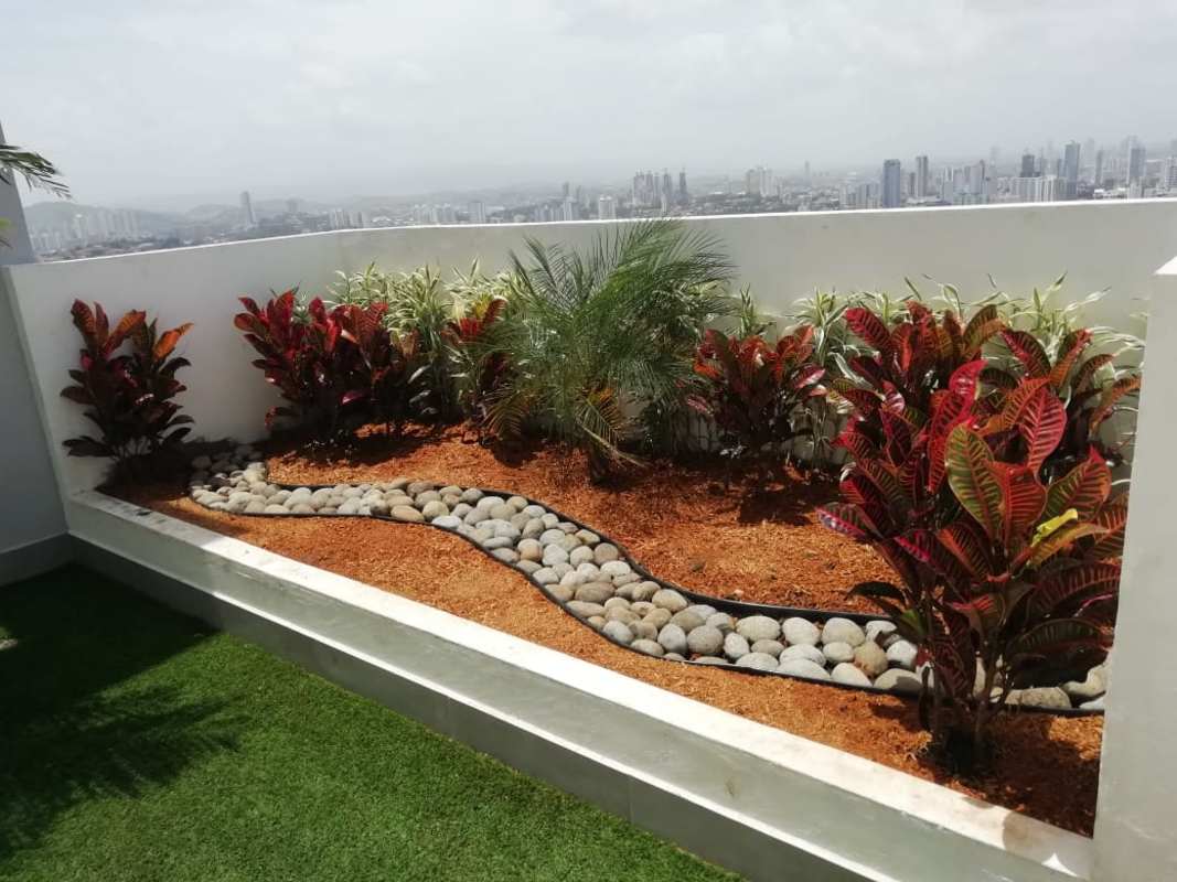 Rooftop garden with decorative plants and Panama City skyline at PH Panoramic Tower
