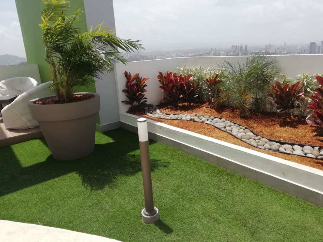 Rooftop garden with artificial turf, palm, potted plants, skyline view at PH Panoramic Tower Edison Park