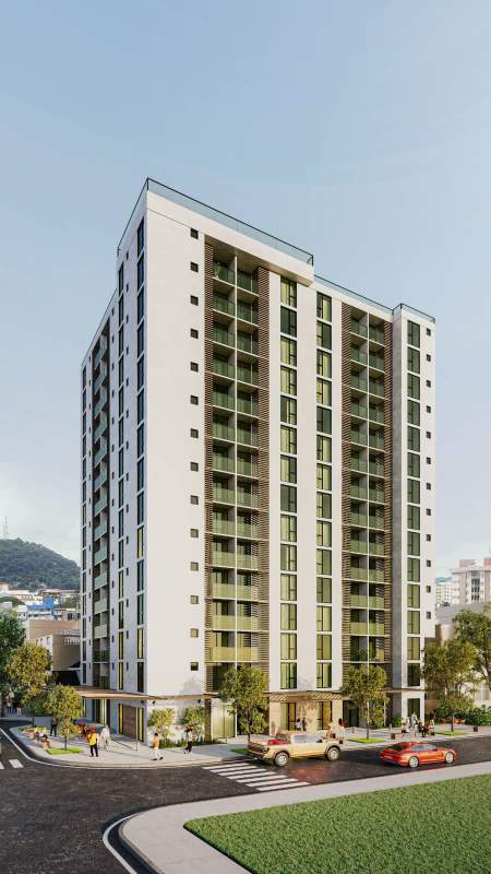 Modern outdoor gym with pergola, seating area, and panoramic views on rooftop of PH Alexa Panama