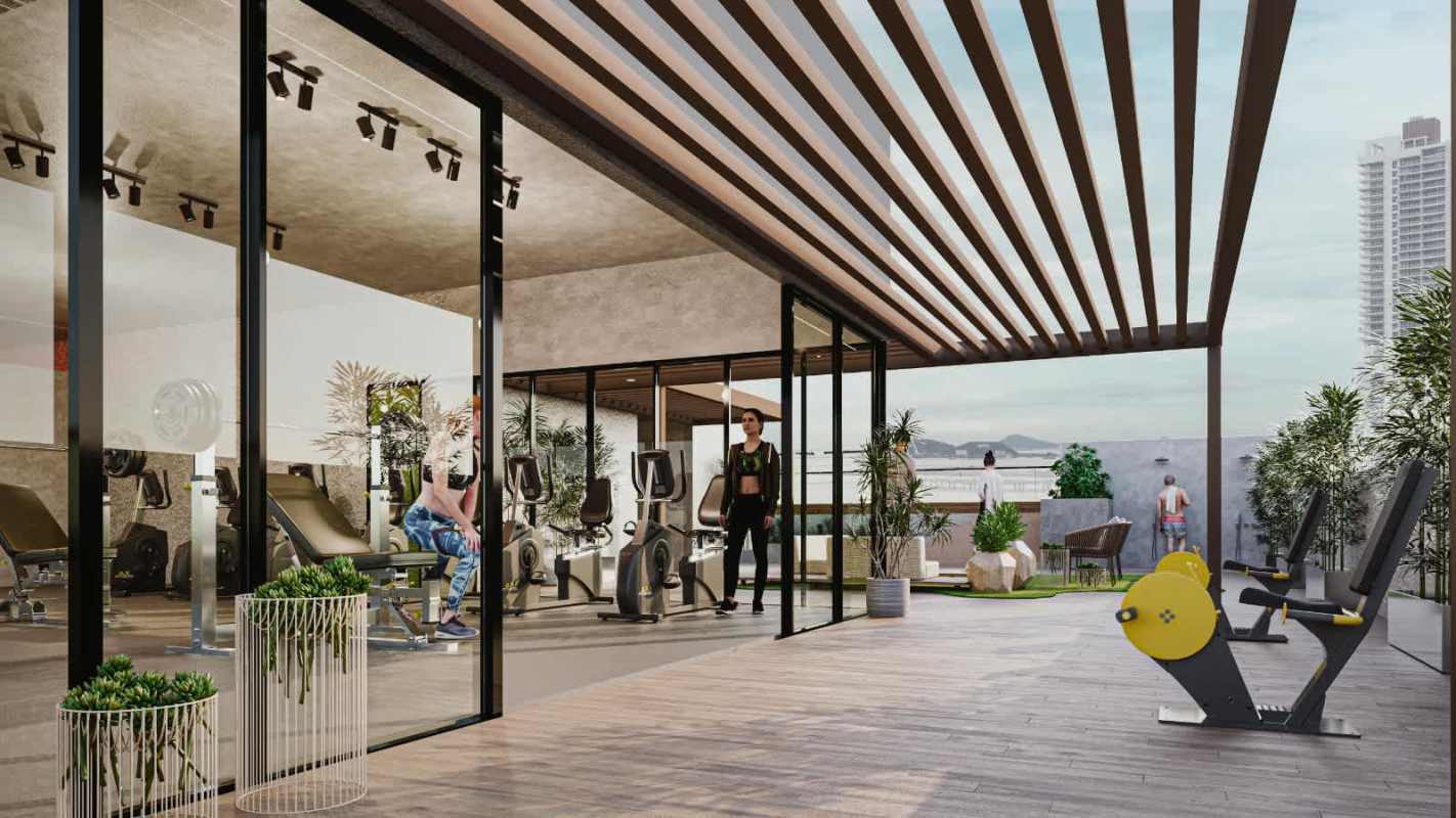 Collage of interior ocean view, rooftop pool, gardens, gym at PH Alexa Bella Vista Panama