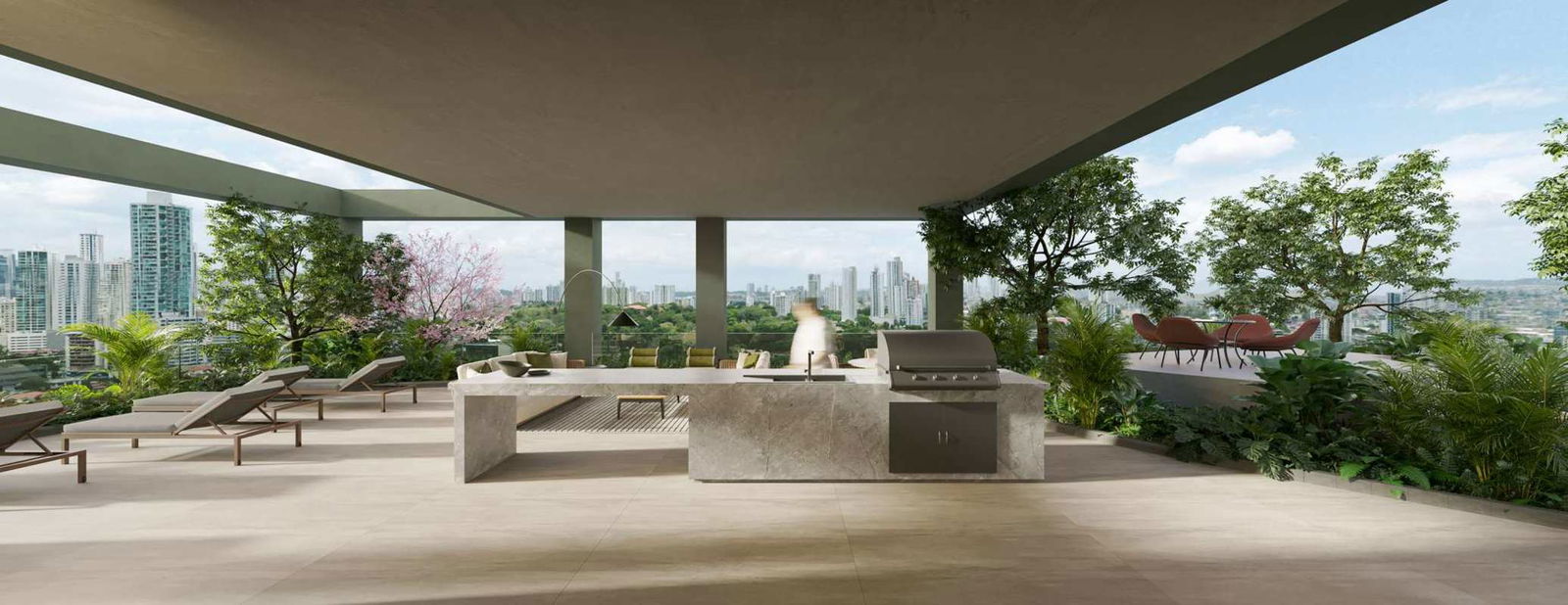 Modern rooftop outdoor kitchen BBQ lounge with panoramic city views at PH A19 Coco del Mar Panama