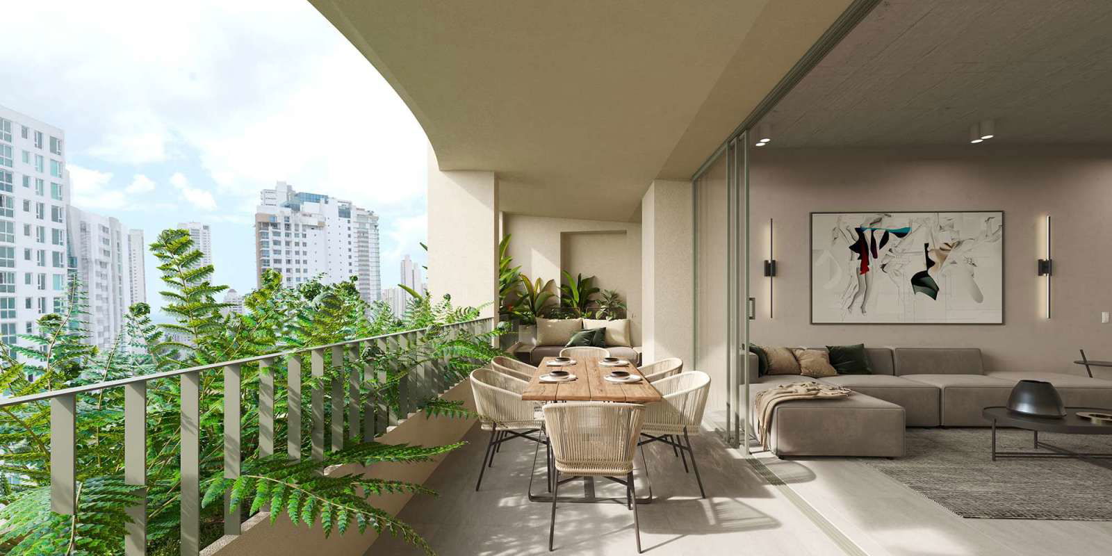 Covered balcony with outdoor dining and greenery overlooking city skyline at PH A19 Coco del Mar Panama