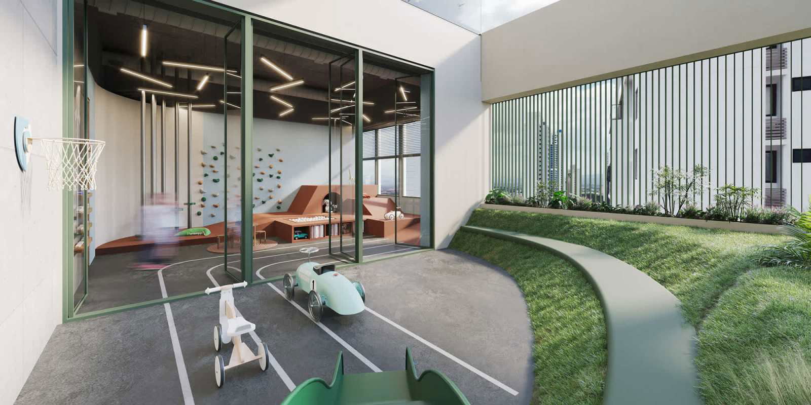 Modern children's play area with track, toys, playhouse in PH A19 luxury condo Panama