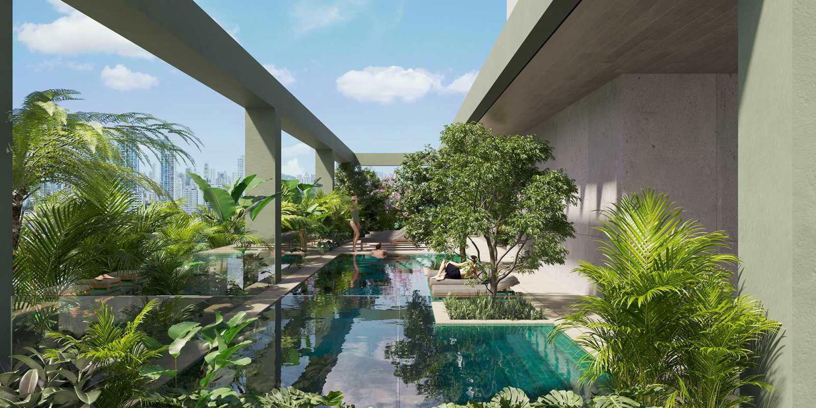 Rooftop swimming pool surrounded by tropical landscaping and skyline at PH A19 Coco del Mar Panama