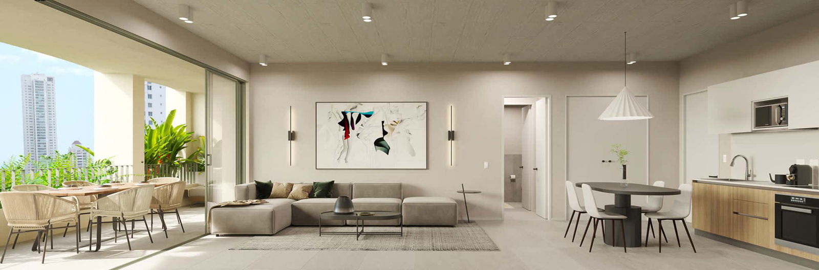 Modern open-plan apartment interior with living, dining, kitchen, and balcony overlooking Pacific Ocean at PH A19 Coco del Mar Panama City